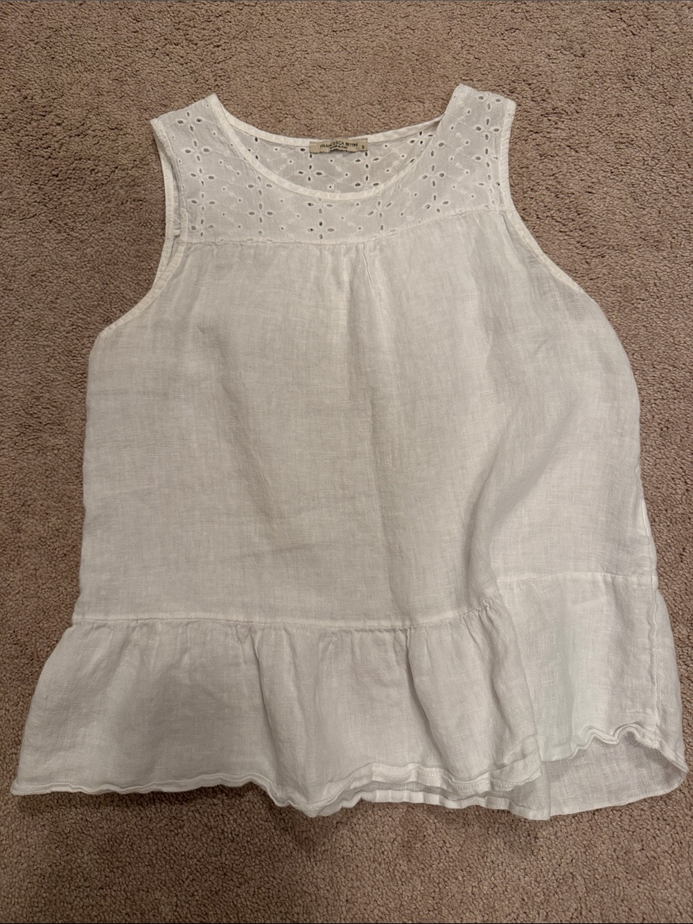 Italian Linen Eyelet Yoke White Sleeveless Blouse